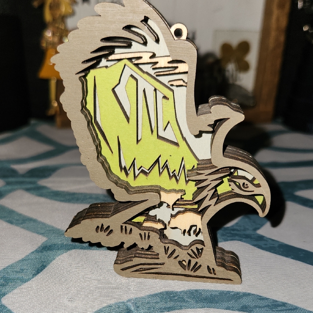 Wooden Eagle Ornament with Green Accents